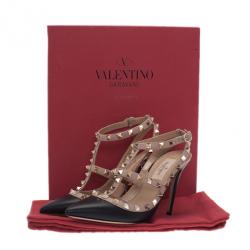 مملوكة مسبقًا صندل فالنتينو ترصيعات روكستاد جلد أسود وبيج مقاس 36