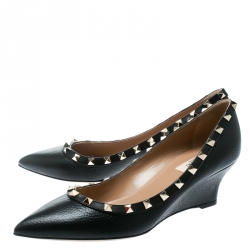 Pre Owned Valentino Black Leather Rockstud Pointed Toe Wedge Pumps Size 39.5
