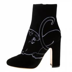 Pre Owned Valentino Black Velvet Panther Motif Block Heel Ankle Boots Size 36.5