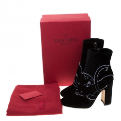 Pre Owned Valentino Black Velvet Panther Motif Block Heel Ankle Boots Size 36.5