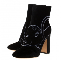 Pre Owned Valentino Black Velvet Panther Motif Block Heel Ankle Boots Size 36.5