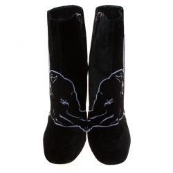 Pre Owned Valentino Black Velvet Panther Motif Block Heel Ankle Boots Size 39.5