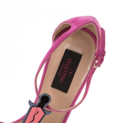 Pre Owned Valentino Pink Suede And Leather Love Blade T Strap Sandals Size 39.5