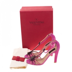 Pre Owned Valentino Pink Suede And Leather Love Blade T Strap Sandals Size 39.5