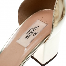 Pre Owned Valentino Metallic Gold Leather Soul Rockstud Ankle Strap Block Heel Sandals Size 39