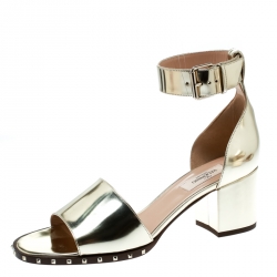 Pre Owned Valentino Metallic Gold Leather Soul Rockstud Ankle Strap Block Heel Sandals Size 39