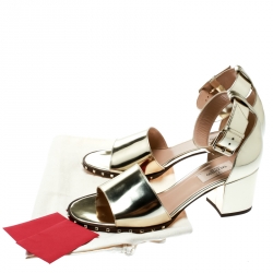 Pre Owned Valentino Metallic Gold Leather Soul Rockstud Ankle Strap Block Heel Sandals Size 39