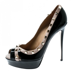 Pre Owned Valentino Black Patent Leather Rockstud Crisscross Peep Toe Platform Pumps Size 40