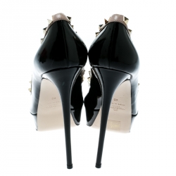 Pre Owned Valentino Black Patent Leather Rockstud Crisscross Peep Toe Platform Pumps Size 40