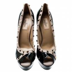 Pre Owned Valentino Black Patent Leather Rockstud Crisscross Peep Toe Platform Pumps Size 40