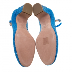 Pre Owned Valentino Blue Crystal Embellished Suede Block Heel Ankle Strap Pumps Size 38.5