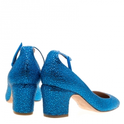 Pre Owned Valentino Blue Crystal Embellished Suede Block Heel Ankle Strap Pumps Size 38.5