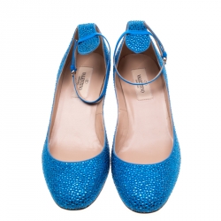 Pre Owned Valentino Blue Crystal Embellished Suede Block Heel Ankle Strap Pumps Size 38.5
