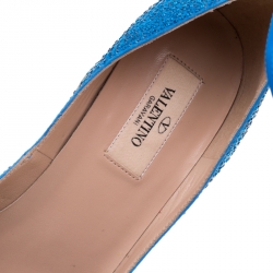 Pre Owned Valentino Blue Crystal Embellished Suede Block Heel Ankle Strap Pumps Size 38.5