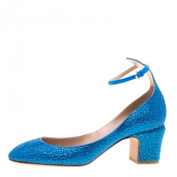 Pre Owned Valentino Blue Crystal Embellished Suede Block Heel Ankle Strap Pumps Size 38.5