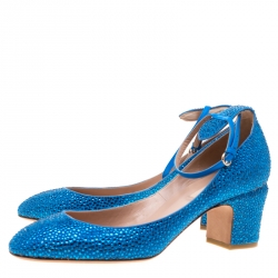 Pre Owned Valentino Blue Crystal Embellished Suede Block Heel Ankle Strap Pumps Size 38.5