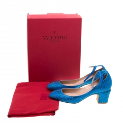 Pre Owned Valentino Blue Crystal Embellished Suede Block Heel Ankle Strap Pumps Size 38.5