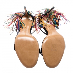 Pre Owned Valentino Black Suede Rolling Rockstud Embroidered Fringed Ankle Strap Open Toe Sandals Size 41