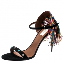 Pre Owned Valentino Black Suede Rolling Rockstud Embroidered Fringed Ankle Strap Open Toe Sandals Size 41