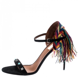 Pre Owned Valentino Black Suede Rolling Rockstud Embroidered Fringed Ankle Strap Open Toe Sandals Size 41