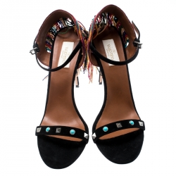 Pre Owned Valentino Black Suede Rolling Rockstud Embroidered Fringed Ankle Strap Open Toe Sandals Size 41