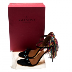 Pre Owned Valentino Black Suede Rolling Rockstud Embroidered Fringed Ankle Strap Open Toe Sandals Size 41