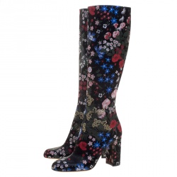 Pre Owned Valentino Black Spring Garden Brocade Knee Length Boots Size 38