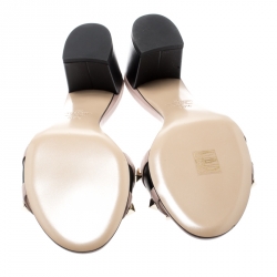 Pre Owned Valentino Black/Beige Leather Rockstud Trim Block Heel Slides Size 37.5