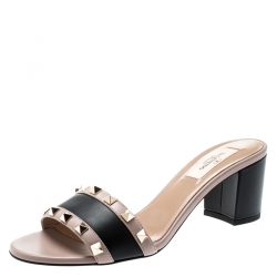 Pre Owned Valentino Black/Beige Leather Rockstud Trim Block Heel Slides Size 37.5