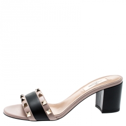 Pre Owned Valentino Black/Beige Leather Rockstud Trim Block Heel Slides Size 37.5