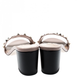 Pre Owned Valentino Black/Beige Leather Rockstud Trim Block Heel Slides Size 37.5