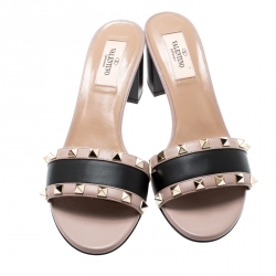 Pre Owned Valentino Black/Beige Leather Rockstud Trim Block Heel Slides Size 37.5
