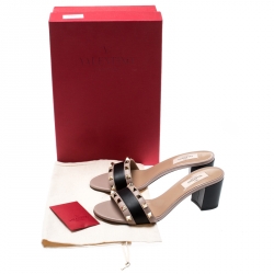 Pre Owned Valentino Black/Beige Leather Rockstud Trim Block Heel Slides Size 37.5