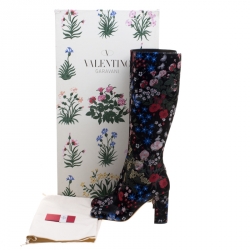 Pre Owned Valentino Black Spring Garden Brocade Knee Length Boots Size 40