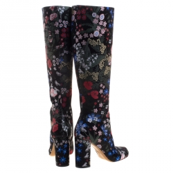 Pre Owned Valentino Black Spring Garden Brocade Knee Length Boots Size 40