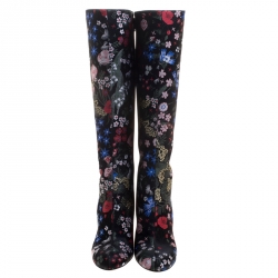 Pre Owned Valentino Black Spring Garden Brocade Knee Length Boots Size 40