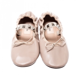 Pre Owned Valentino Beige Leather Rockstud Bow Detail Ballet Flats Size 35