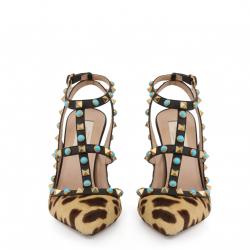 Pre Owned Valentino Beige Leopard Print Calf Hair Rolling Rockstud Sandals Size 38.5