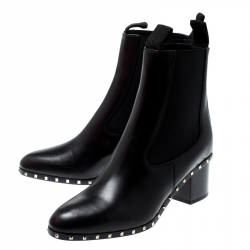 Pre Owned Valentino Black Leather Block Heel Ankle Boots Size 38