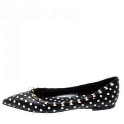 Pre Owned Valentino Nero-Bianco/Nero Leather Polka Dot Rockstud Ballet Flats Size 39