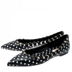 Pre Owned Valentino Nero-Bianco/Nero Leather Polka Dot Rockstud Ballet Flats Size 39