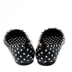 Pre Owned Valentino Nero-Bianco/Nero Leather Polka Dot Rockstud Ballet Flats Size 39