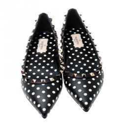 Pre Owned Valentino Nero-Bianco/Nero Leather Polka Dot Rockstud Ballet Flats Size 39