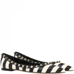Pre Owned Valentino Light Ivory/Nero Leather Striped Rockstud Ballet Flats Size 37