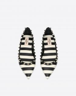Pre Owned Valentino Light Ivory/Nero Leather Striped Rockstud Ballet Flats Size 37