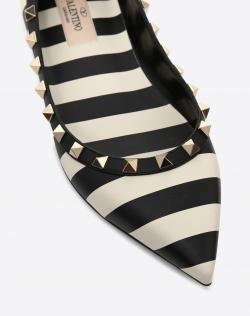 Pre Owned Valentino Light Ivory/Nero Leather Striped Rockstud Ballet Flats Size 37
