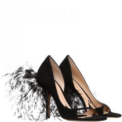 مملوكة مسبقًا صندل فالنتينو دورسي سويدي أسود مع ريش نعام مزخرف مقدمة مفتوحة مقاس 40