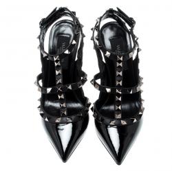 مملوكة مسبقًا Valentino Black Patent Leather Rockstud Ankle Strap Sandals Size 37