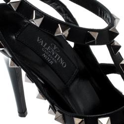 Pre Owned Valentino Black Patent Leather Rockstud Ankle Strap Sandals Size 38