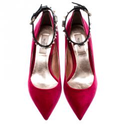 مملوكة مسبقًا Valentino Disco Pink/Nero/Al Campione Velvet Court With Embroidered Ankle Wrap Pointed Toe Pumps Size 40
